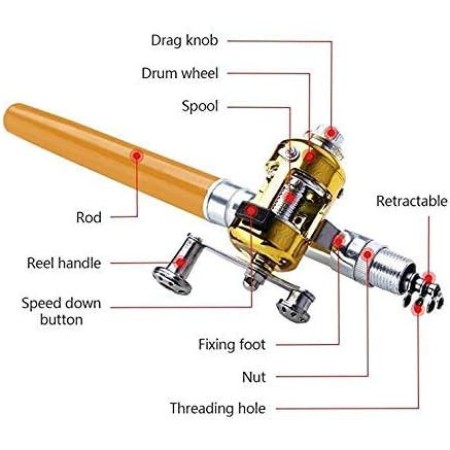 Pocket Pen Fishing Rod Pole with Golden Baitcasting