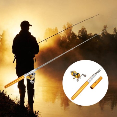Pocket Pen Fishing Rod Pole with Golden Baitcasting