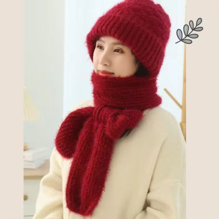 NEW Winter Protection Windproof Cap with Scarf Wine (Red)